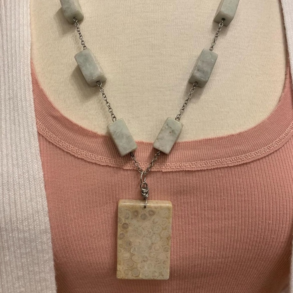 Square Cut Amazonite With Fossilized Pendant Neck… - image 1